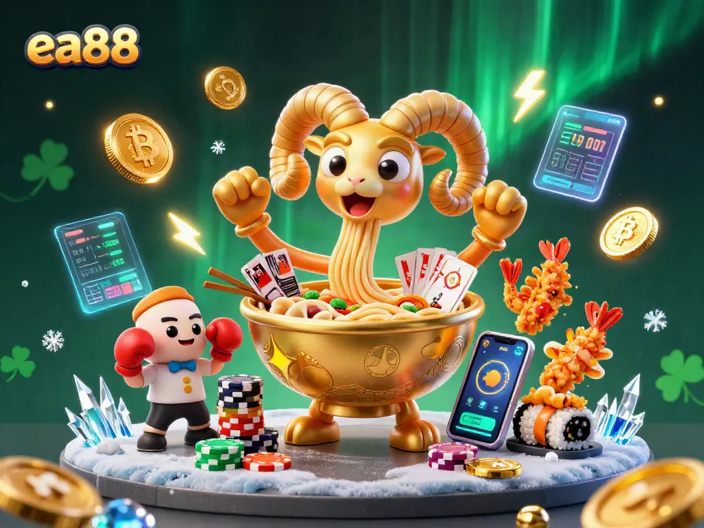 ea88 featuring a giant ramen bowl and sushi in a rich casino scene with vibrant crypto elements.