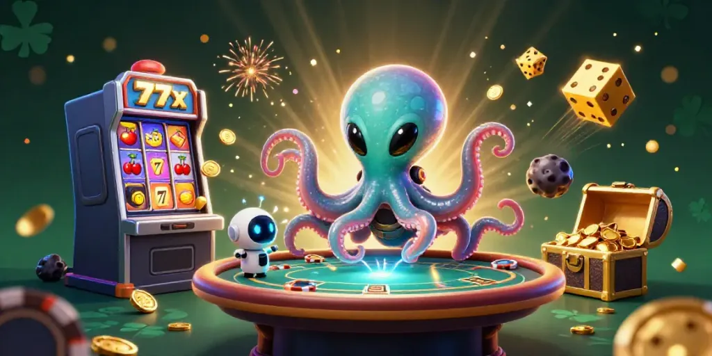Engage with 777x at the vibrant alien casino where an octopus operates a poker table amidst an exciting jackpot.