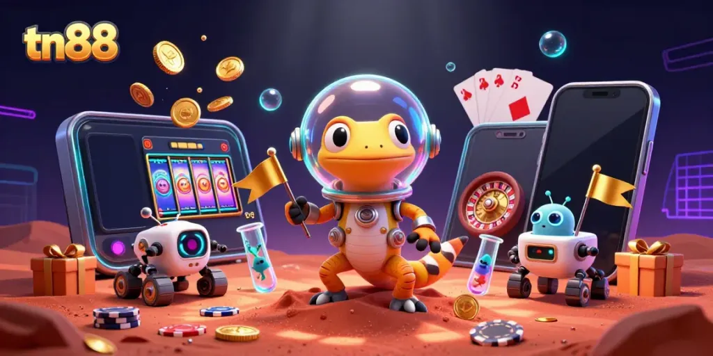 Engage in tn88 casino adventures with a gecko in space, exploring a golden casino.