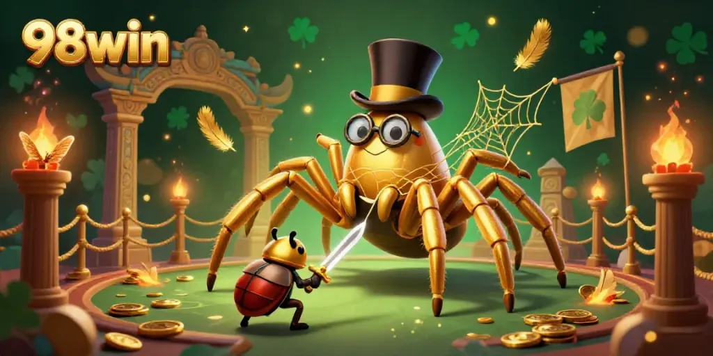 Engage with 98win's vibrant casino world filled with golden details and playful characters.