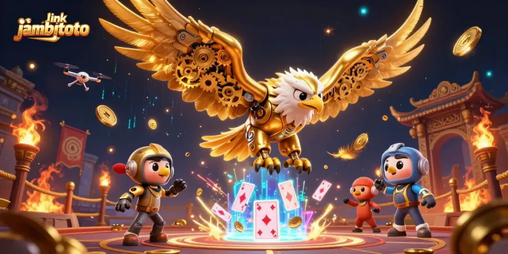 Experience gaming excitement with link jambitoto in an action-packed casino illustration featuring a golden eagle.