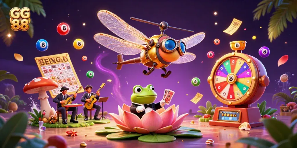 Experience the excitement of GG 88 with a helicopter pilot dragonfly, frog croupier, and jazz musicians in a vibrant casino setting.