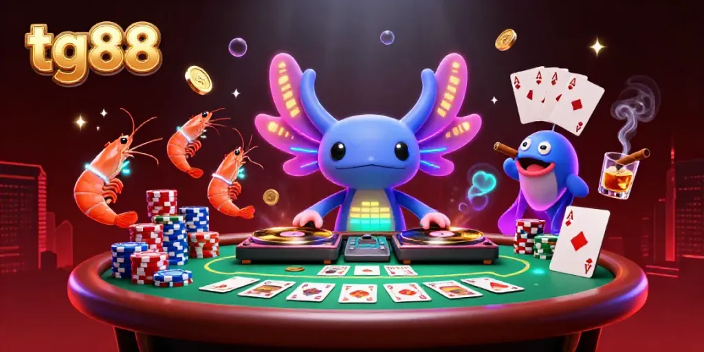 Experience tg88's vibrant casino scene with a DJ axolotl and dynamic poker elements.