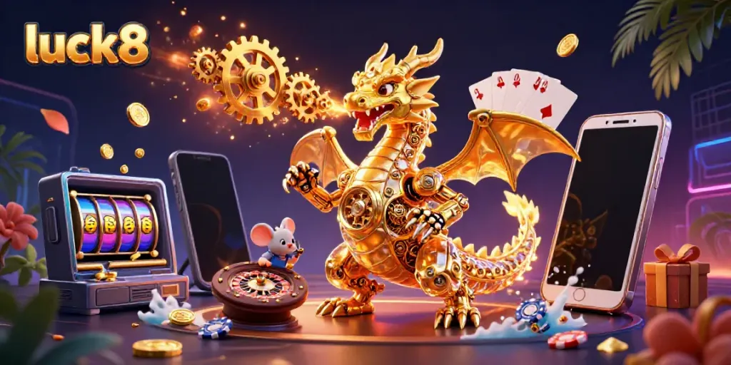 Explore exciting games at Luck8 featuring a golden dragon and dynamic slot elements.