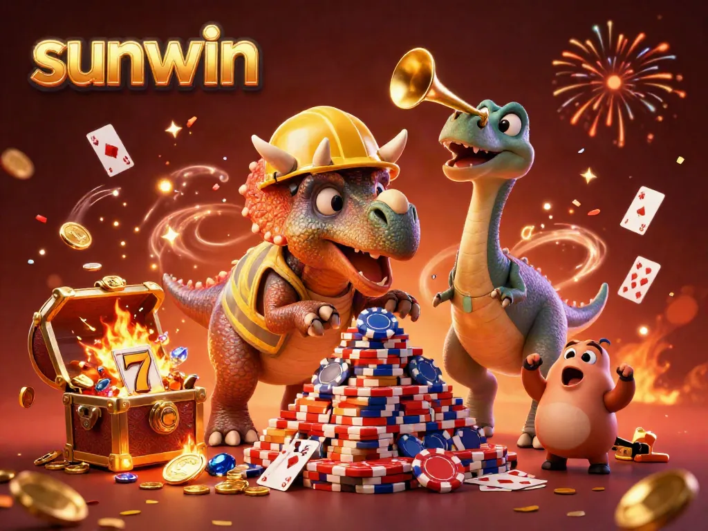 Experience sunwin's excitement as cartoon characters celebrate with poker chips and gold coins.