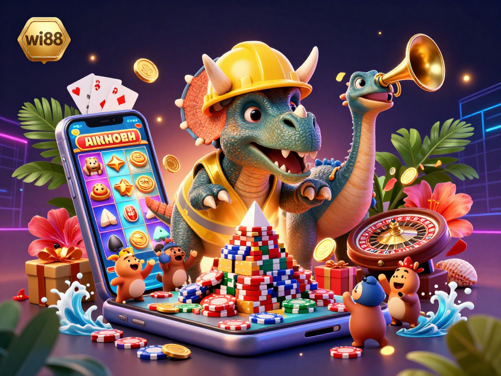 Experience the excitement at wi88 as a triceratops builds a poker chip pyramid amidst slot games and cheering compys.