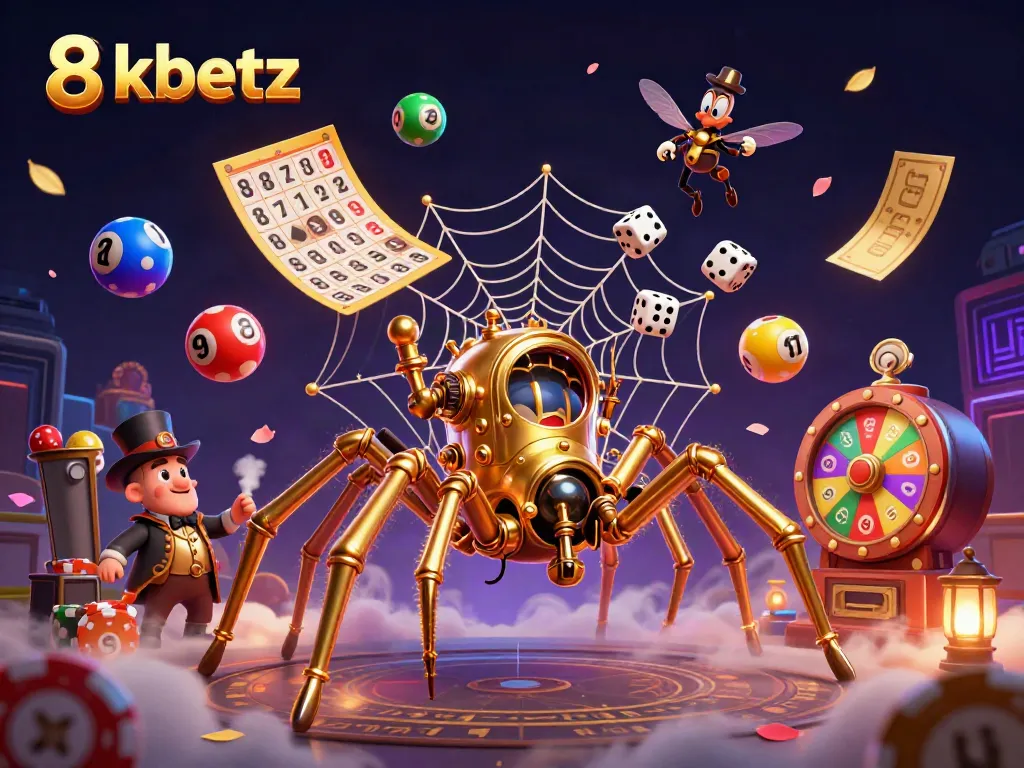 Experience excitement with 8xbetz as a golden spider weaves a web of chance and fortune in a vibrant casino scene.