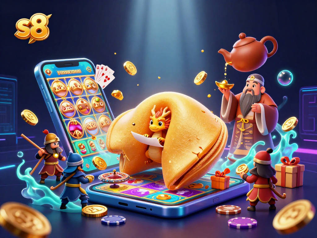 Engage with exciting gaming experiences at s8, featuring a golden fortune cookie and vibrant slot game elements.