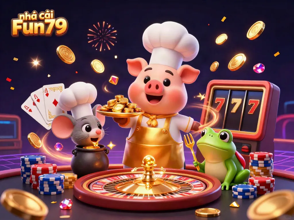 Experience excitement at nhà cái Fun79 with a 3D scene featuring a chef pig serving gold coin delicacies in a thrilling casino atmosphere.