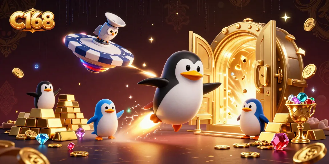 C168 brings excitement as the golden penguin heads for a jackpot-filled casino space station, surrounded by treasure!