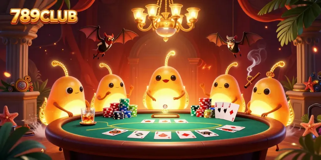 Engage with 789CLUB's immersive casino experience featuring vibrant glowworms and dynamic poker elements.