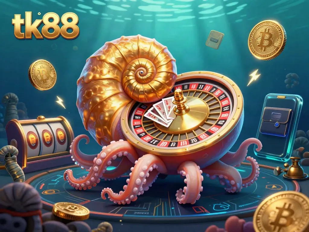 Engage in thrilling gameplay at tk88 with a vibrant 3D casino scene featuring a giant nautilus roulette.