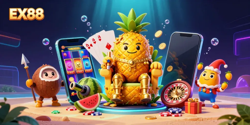 Experience EX88's dazzling beach casino with a golden pineapple king, vibrant games, and rich details.