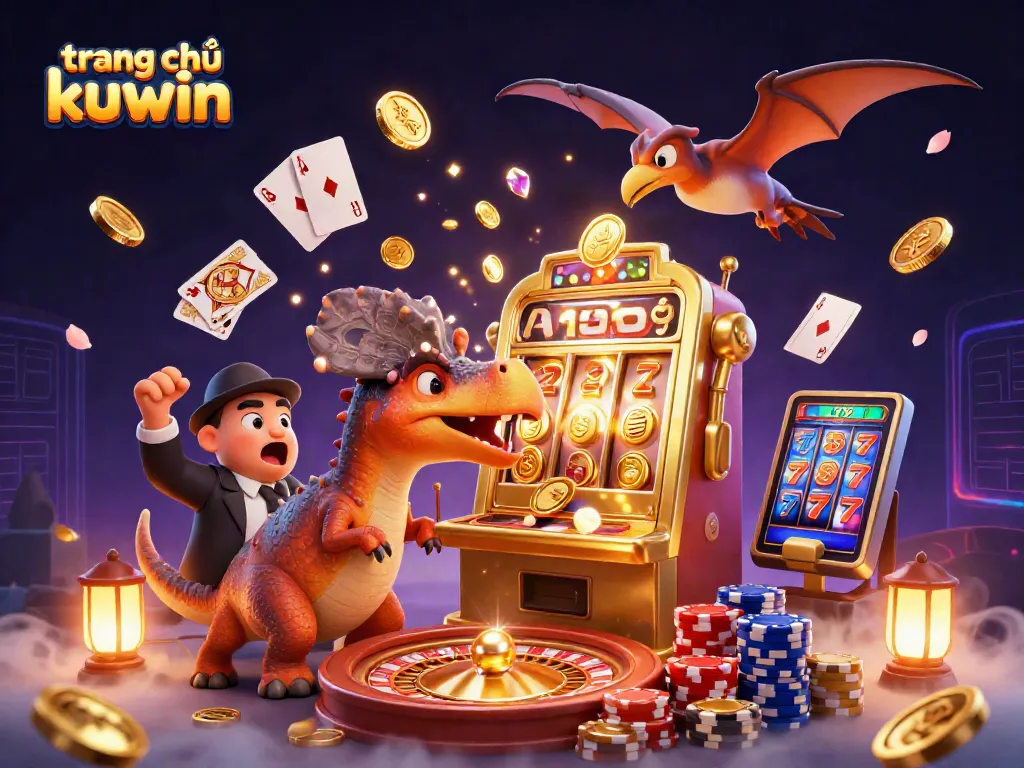 Experience the excitement at trang chủ kuwin as a dinosaur interacts with a golden slot machine, creating a jackpot frenzy.