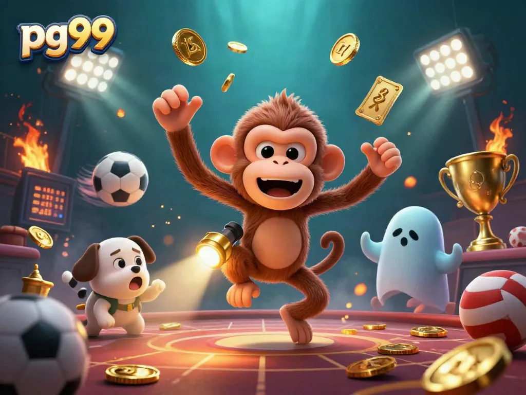 Experience thrilling gaming action with pg99 at a haunted casino featuring a mischievous monkey.