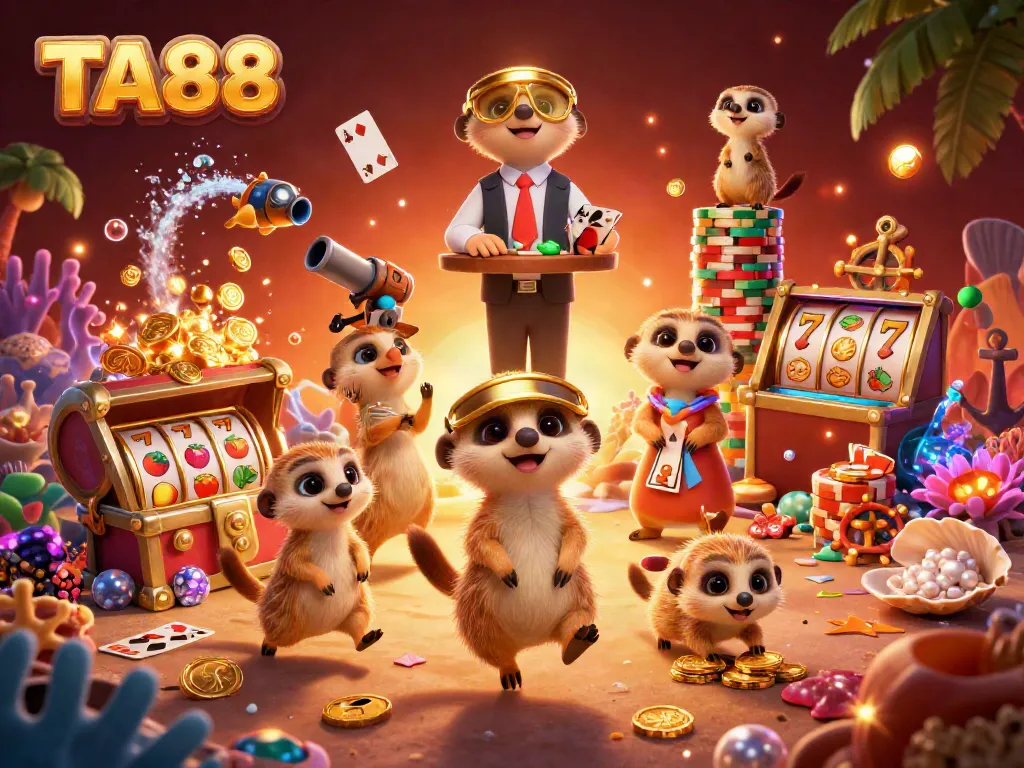 Engage in thrilling gameplay with TA88 at an animated meerkat casino operation, rich in vibrant details.
