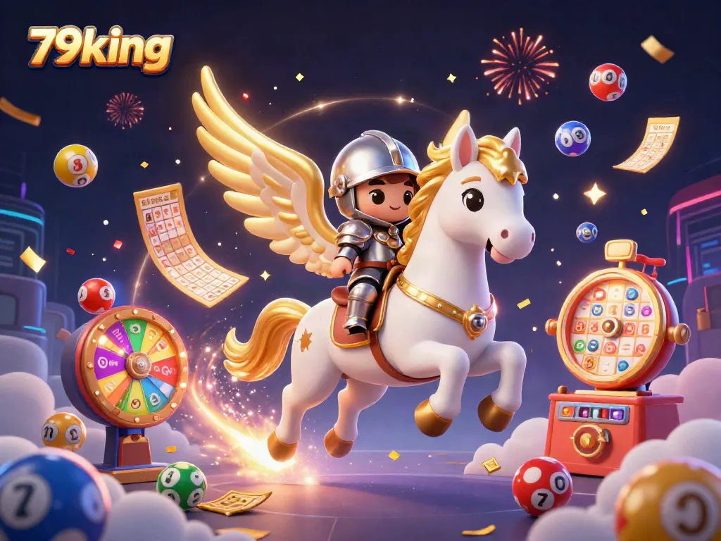 Join the excitement at 79king with a vibrant scene of gaming elements and a heroic knight!