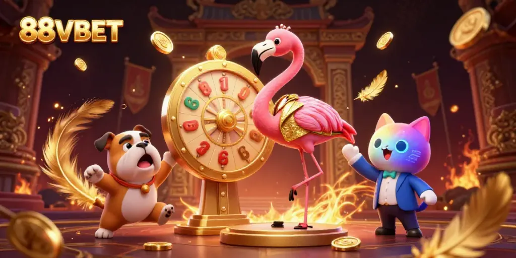Engage with the exciting world of 88VBET as a flamingo host spins the prize wheel amidst vibrant casino visuals.