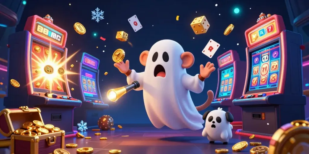 Engage with 88vbet as a playful poltergeist monkey juggles gaming treasures in a lively casino scene.