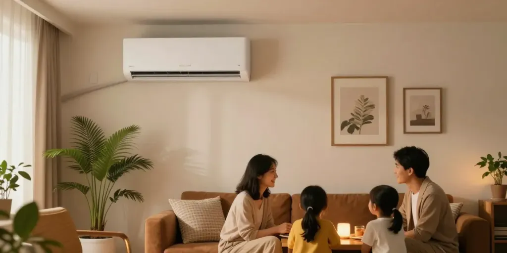 Stylish living room with mini split air conditioning unit maintaining comfort during family gathering