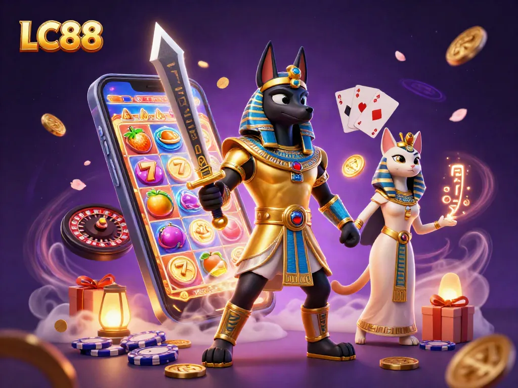 Experience exciting LC88 gameplay with Anubis and Bastet immersed in a vibrant casino scene.