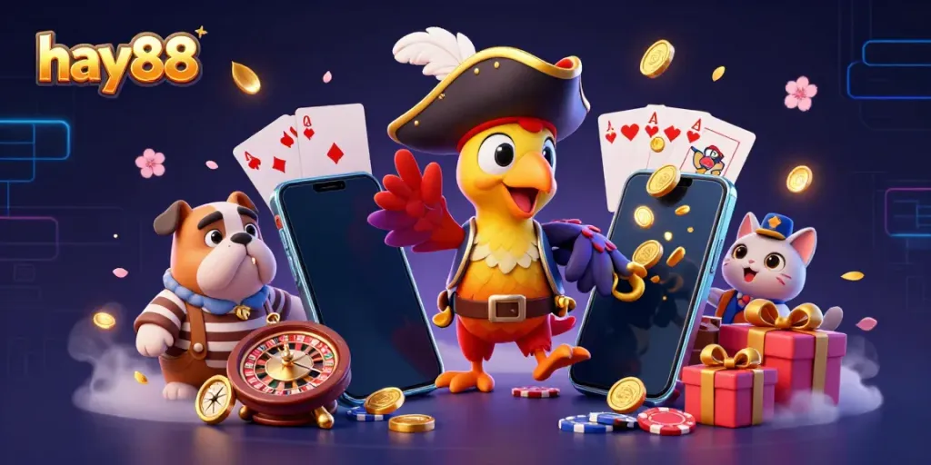 Experience the excitement of hay88 with a dynamic casino scene featuring colorful slot games and animated characters.