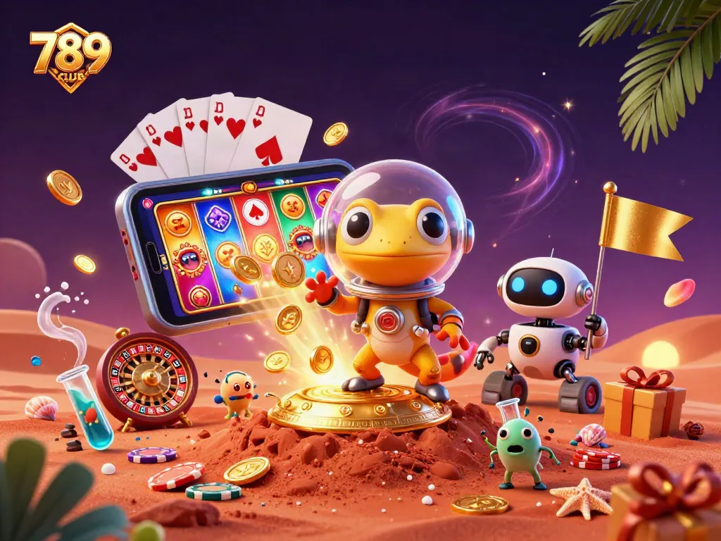 Engage with the vibrant 789CLUB scene featuring a Martian gecko discovering a golden casino amidst dynamic gaming action.