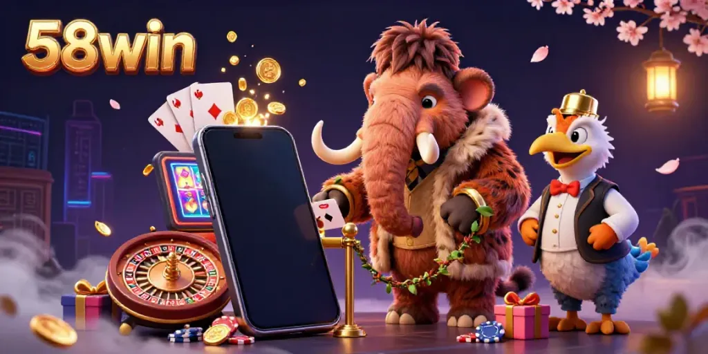 Vibrant 3D scene featuring 58win characters and dynamic slot game elements enhancing user engagement.