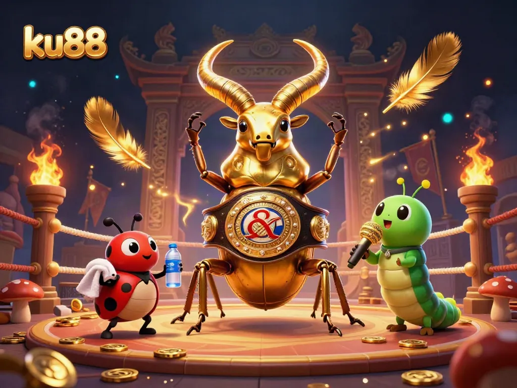 ku88 betting scene with a giant golden stag beetle, ladybug, and caterpillar in a vibrant arena