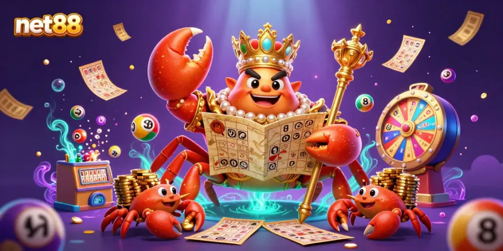 Experience thrilling wins with net88 in an energetic 3D casino realm featuring a regal crab emperor.