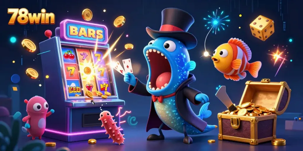 Witness the dazzling 78win casino experience with a magical underwater scene featuring exciting game elements and lively characters.