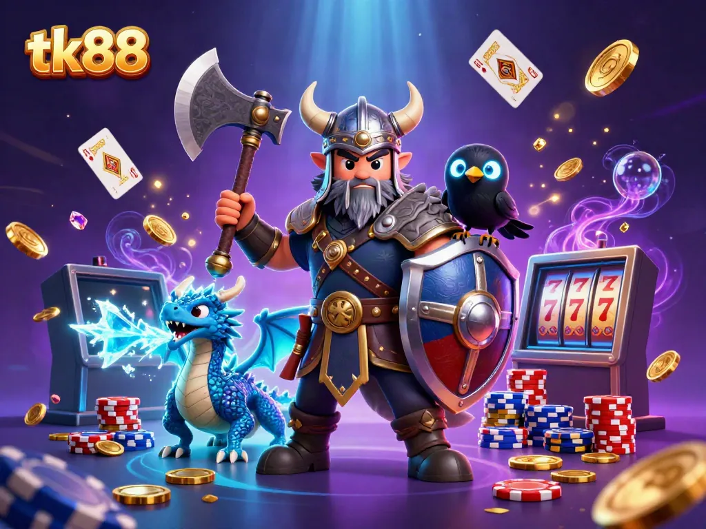 Engage in thrilling gameplay with tk88 as the Viking warrior battles amidst a rich array of casino elements.