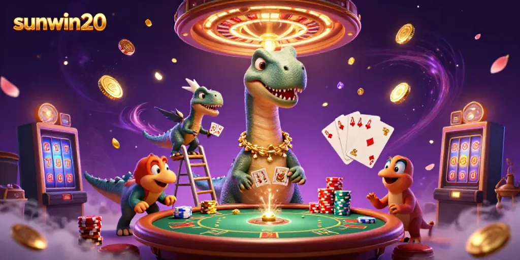 Experience the thrilling gaming world of sunwin20 with 3D playful dinosaurs and vibrant casino elements.