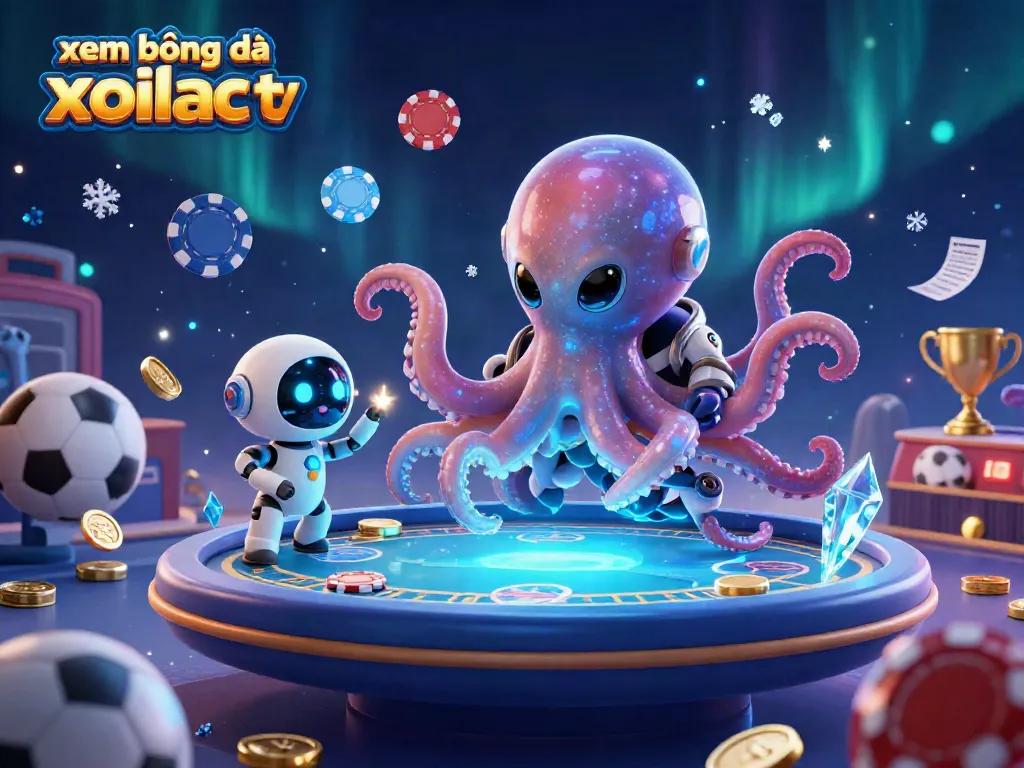 Xem bóng đá xoilac tv showcasing a vibrant 3D alien octopus at a holographic sports betting table.