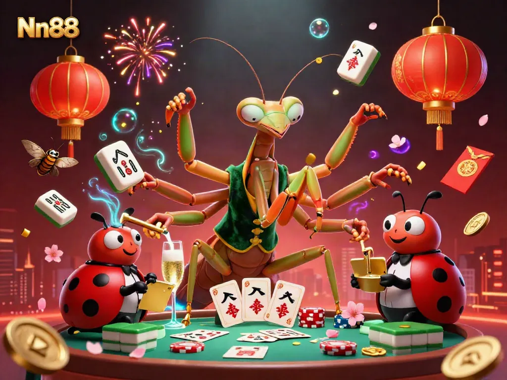 Nn88 engages players with an exciting scene of a card sharp and ladybug pit boss surrounded by rich casino elements.