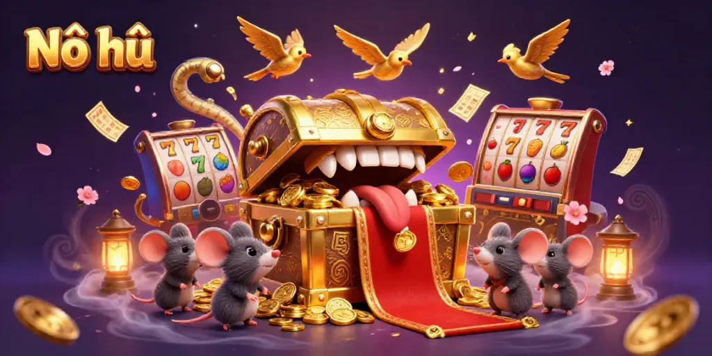 Experience the thrill of Nổ hũ with vibrant slot reels and treasure, attracting adventurous players.