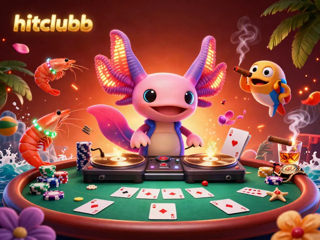 Immerse in hitclubb's vibrant casino scene featuring a neon axolotl DJ and colorful poker elements.