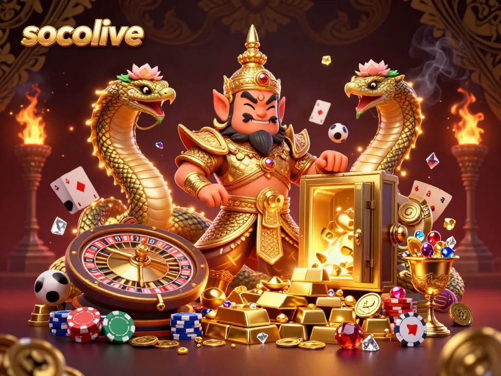 Socolive offers an engaging casino atmosphere with a golden-themed gaming illustration full of excitement.