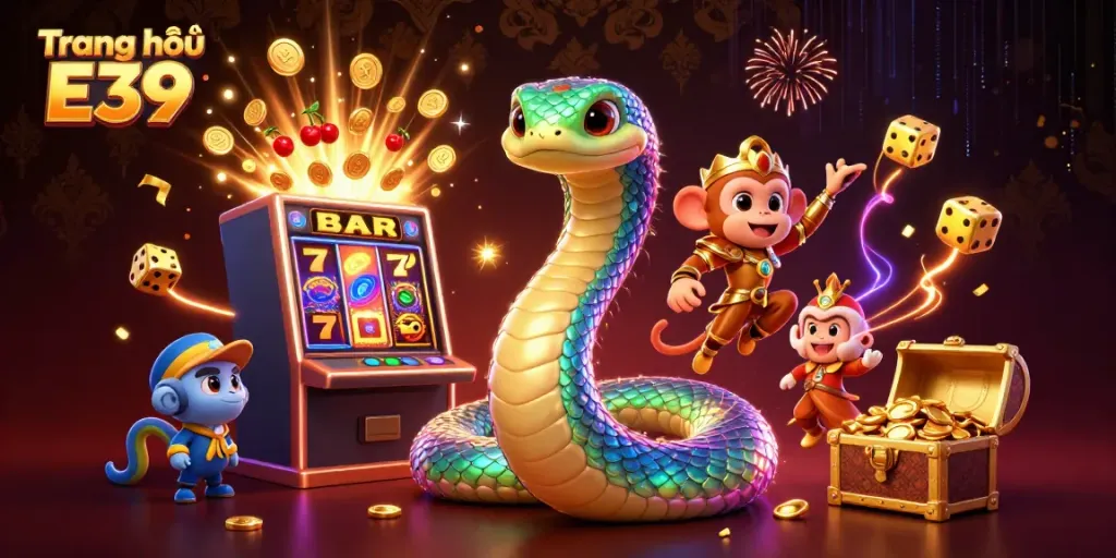 Experience the excitement of Trang chủ E39 with a vibrant scene of a colorful serpent, a monkey king, and casino elements.