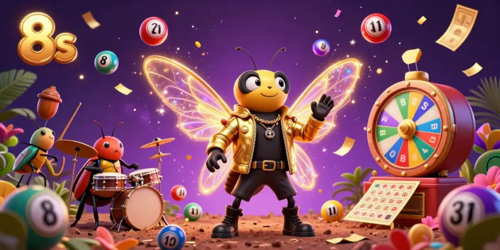 Engage with the exciting gambling scene featuring 8s as a 3D cartoon cicada rock star completing a vibrant gaming atmosphere.