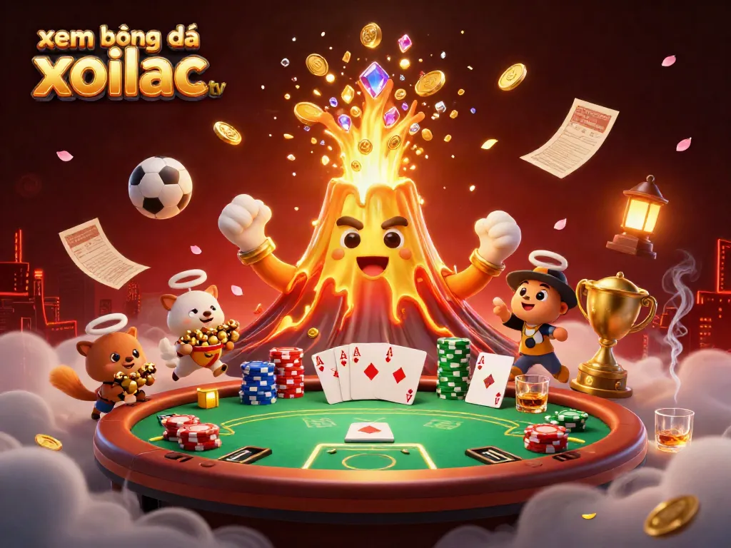 Xem bóng đá xoilac tv showcases a vibrant 3D illustration of a golden volcano exploding with coins, emphasizing exciting sports betting.