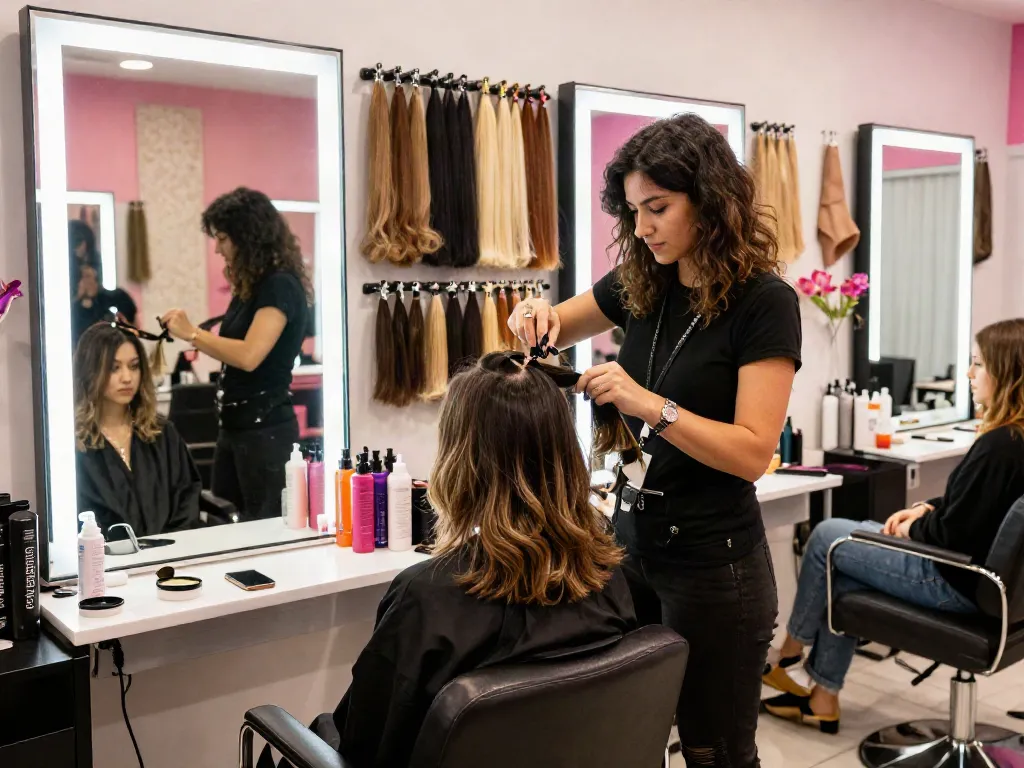 Hair extensions being applied in a trendy urban salon, showcasing vibrant styles and premium quality.