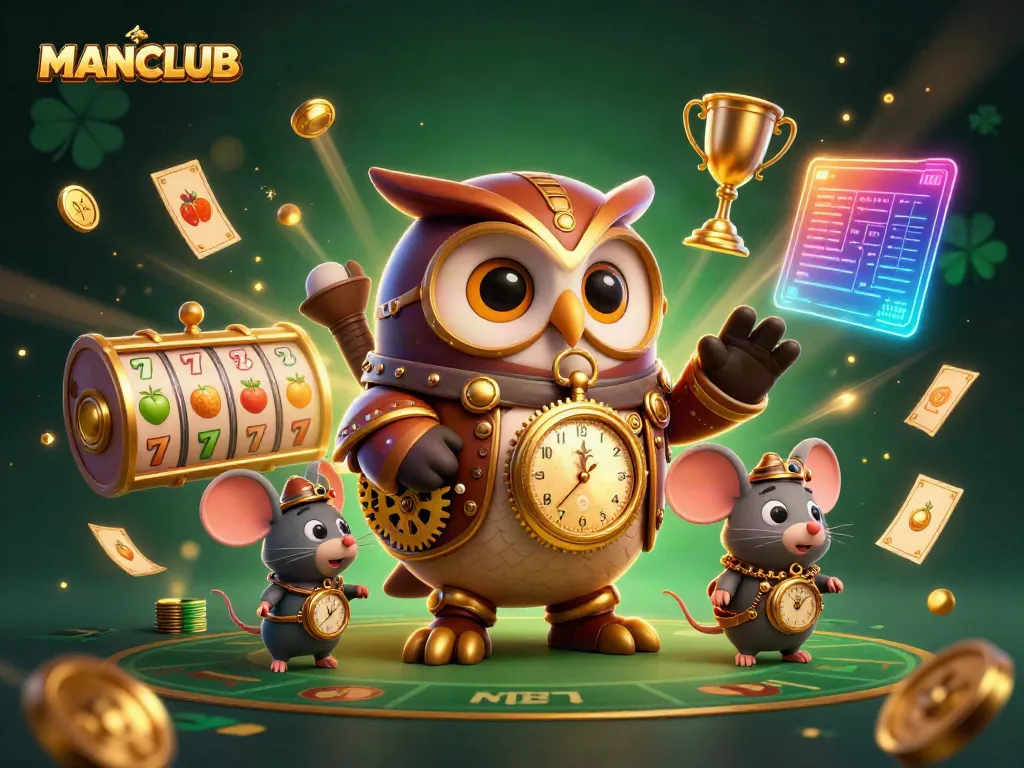 Engage with the MANCLUB experience featuring a time-traveler owl and steampunk elements in a vibrant casino setting.