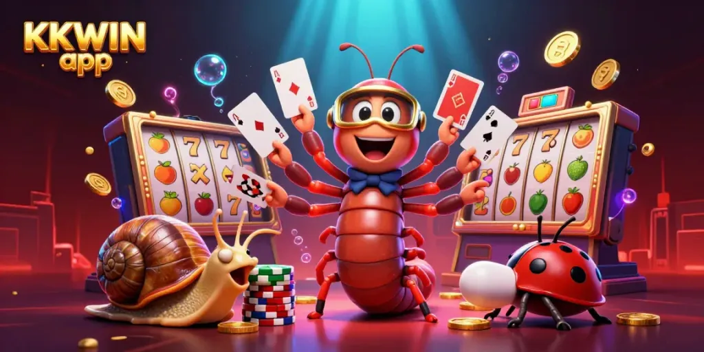 Experience the thrill of the KKWIN app with vibrant characters and dynamic slot game elements in a festive casino scene.