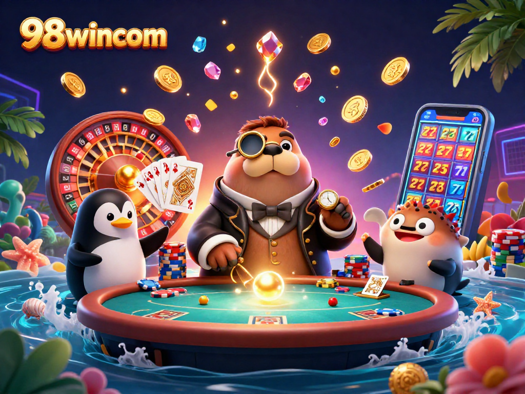 Engage with exciting underwater poker action at 98wincom featuring a clever walrus, penguin dealer, and bluffing pufferfish.