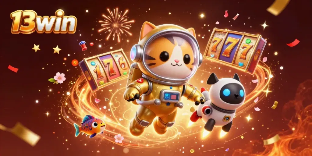 Experience gambling excitement with 13win as a space-themed astronaut cat encounters vibrant slot reels and lucky symbols in a dynamic casino scene.