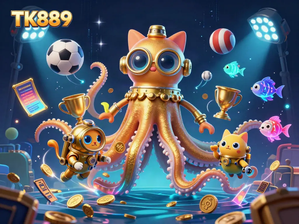 Experience the excitement of TK889 with the kraken and diving cat in a vibrant 3D casino scene filled with sports action.