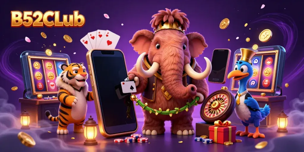 B52CLub casino entrance with characters enjoying vibrant gaming atmosphere and excitement.