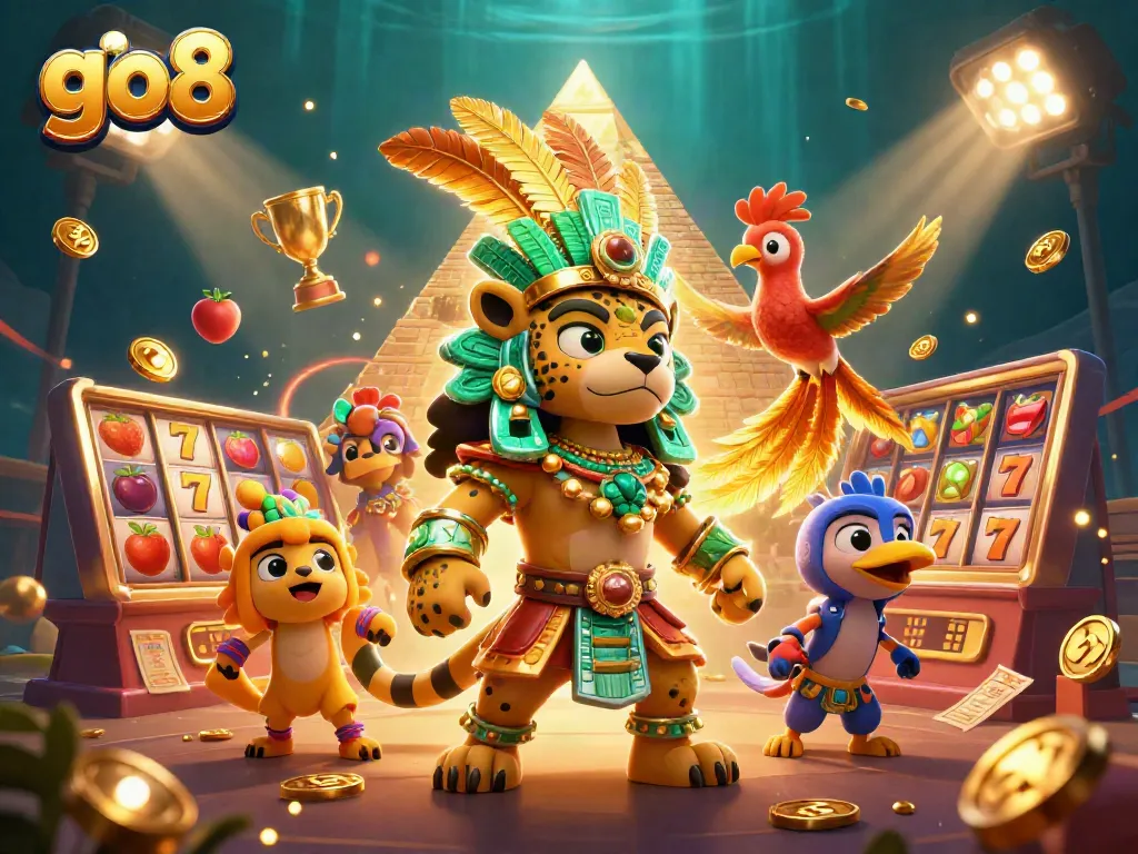 Experience the excitement of go8 slots with a Mayan jaguar priest and vibrant casino elements.