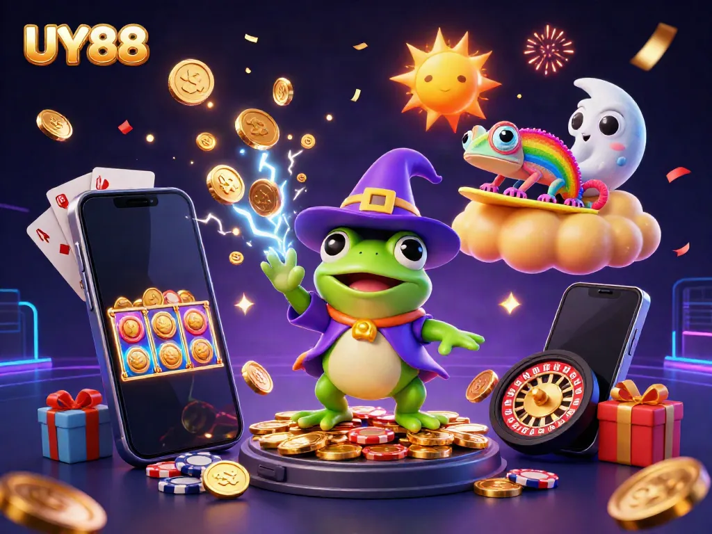 Experience thrilling wins with UY88's dynamic casino atmosphere featuring a frog wizard and chameleon.